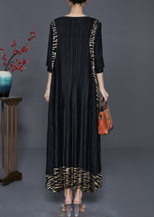 Fashion Black Oversized Print Wrinkled Silk Holiday Dresses Spring