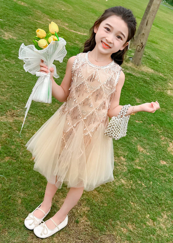 Fashion Champagne O-Neck Sequins Tassel Tulle Kids Long Dress Sleeveless