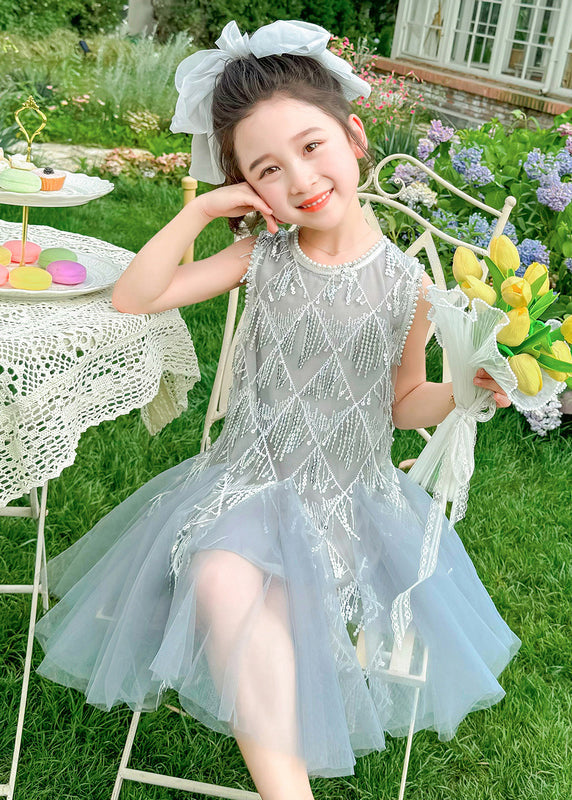 Fashion Champagne O-Neck Sequins Tassel Tulle Kids Long Dress Sleeveless