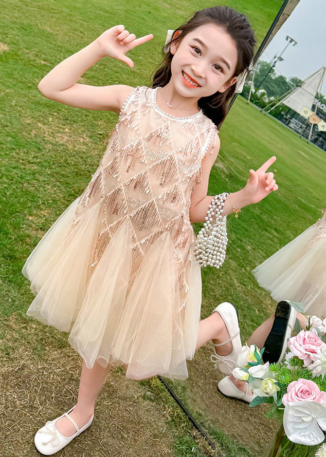 Fashion Champagne O-Neck Sequins Tassel Tulle Kids Long Dress Sleeveless