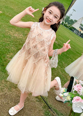 Fashion Champagne O-Neck Sequins Tassel Tulle Kids Long Dress Sleeveless