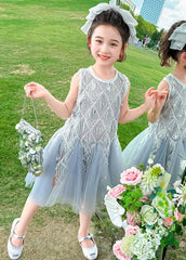 Fashion Champagne O-Neck Sequins Tassel Tulle Kids Long Dress Sleeveless