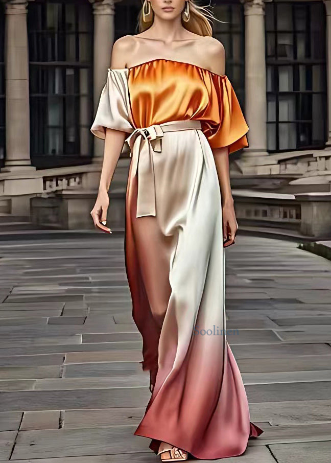 Fashion Colorblock Cold Shoulder Tie Waist Silk Party Long Dress Summer