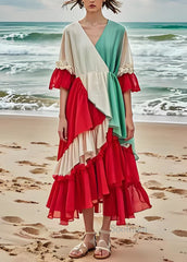 Fashion Colorblock Ruffled Layered Patchwork Cotton Dresses Summer