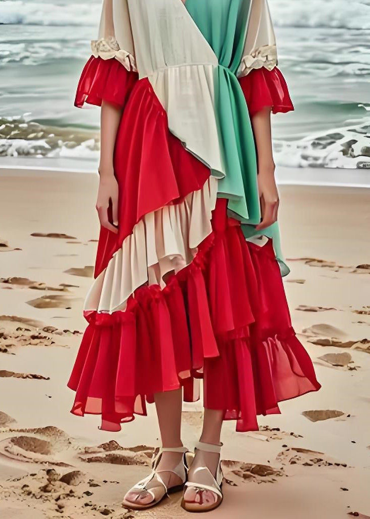 Fashion Colorblock Ruffled Layered Patchwork Cotton Dresses Summer