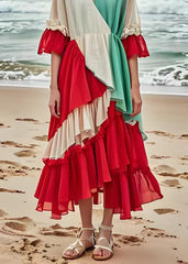 Fashion Colorblock Ruffled Layered Patchwork Cotton Dresses Summer