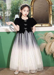 Fashion Gradient Color Black Bow Fake Two Pieces Tulle Kids Maxi Dress Short Sleeve