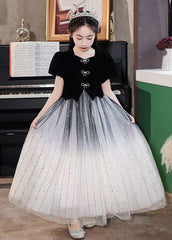 Fashion Gradient Color Black Bow Fake Two Pieces Tulle Kids Maxi Dress Short Sleeve