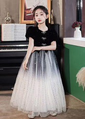 Fashion Gradient Color Black Bow Fake Two Pieces Tulle Kids Maxi Dress Short Sleeve