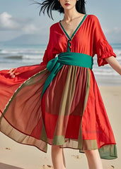 Fashion Orange V Neck Wrinkled Patchwork Cotton Dresses Summer