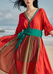 Fashion Orange V Neck Wrinkled Patchwork Cotton Dresses Summer