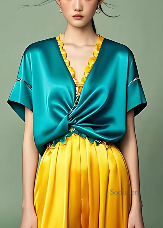 Fashion Peacock Blue Ruffled Patchwork Wrinkled Silk Long Dress Summer