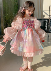 Fashion Pink Pearl Sequins Patchwork Girls Silk Maxi Dress Puff Sleeve