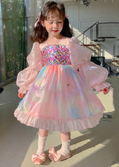 Fashion Pink Pearl Sequins Patchwork Girls Silk Maxi Dress Puff Sleeve