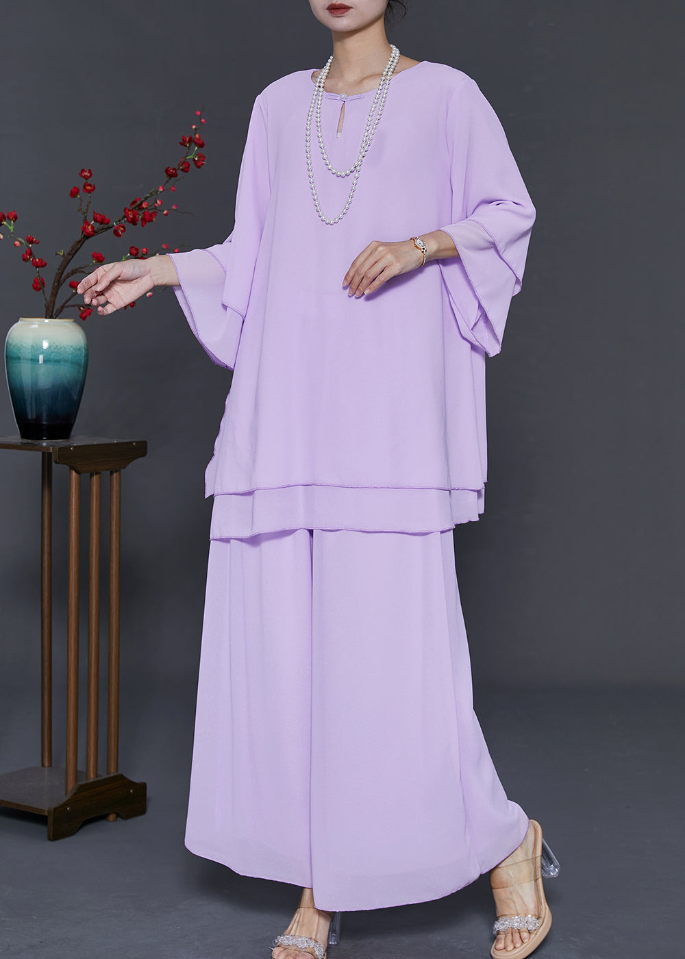 Fashion Purple Oversized Draping Chiffon Two Pieces Set Summer