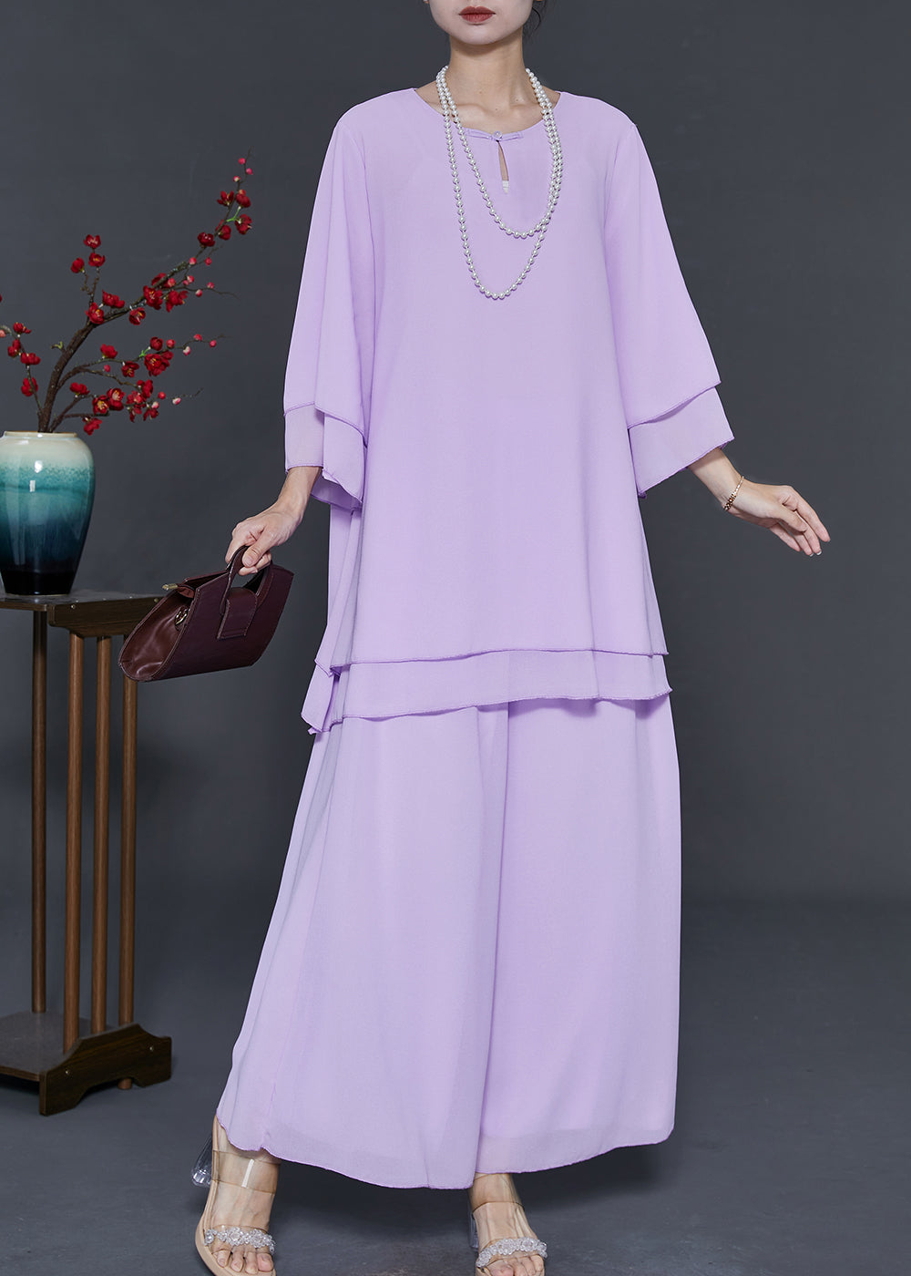 Fashion Purple Oversized Draping Chiffon Two Pieces Set Summer