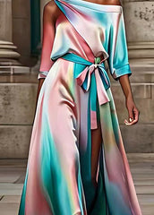 Fashion Rainbow Asymmetrical Patchwork Silk Maxi Dress Summer