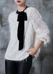 Fashion White Sequins Bow Blouse Tops Summer