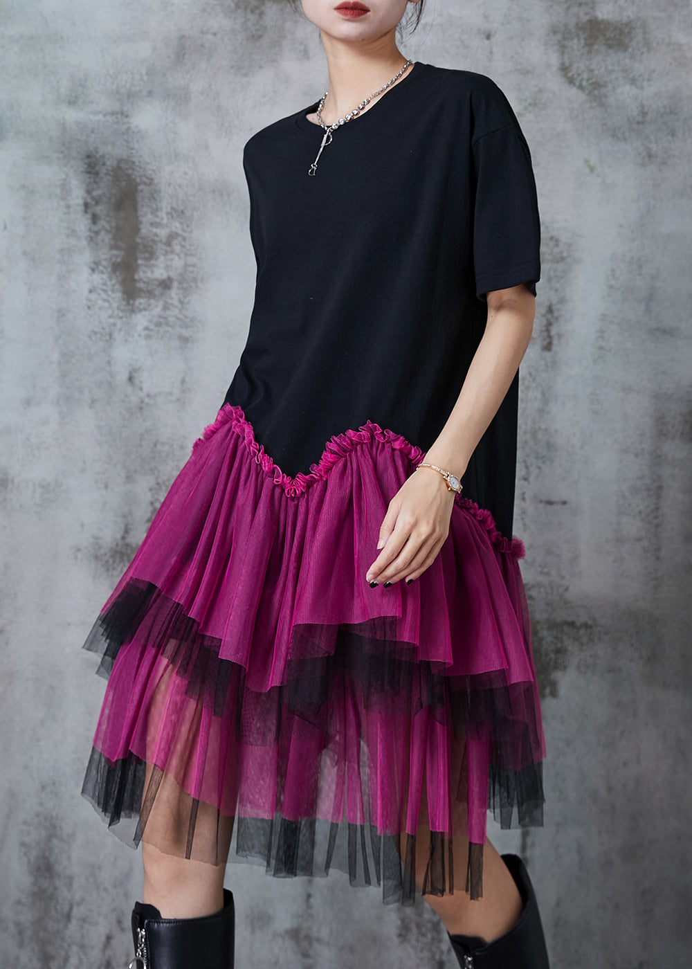 Fine Black Oversized Patchwork Tulle Mid Dress Summer