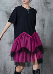 Fine Black Oversized Patchwork Tulle Mid Dress Summer