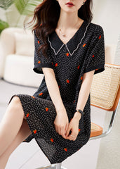 Fine Black Peter Pan Collar Dot Print Chiffon Maxi Dresses Short Sleeve