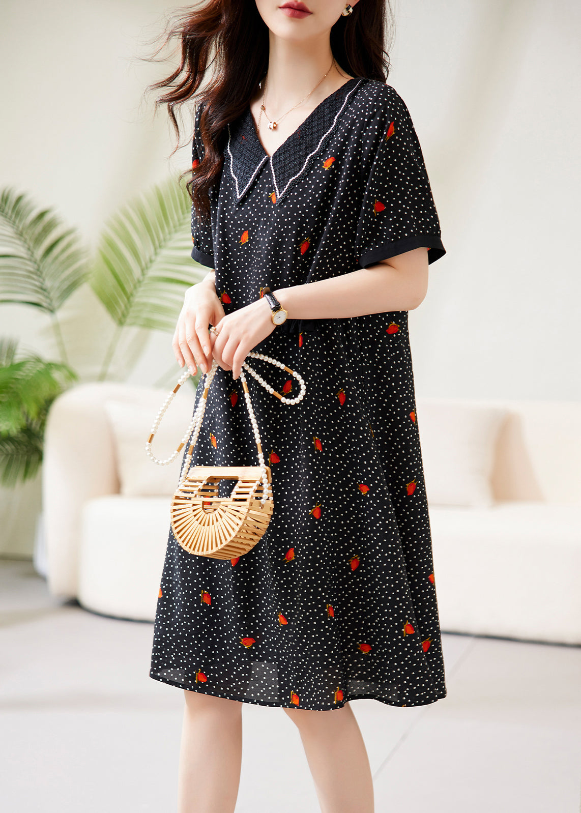 Fine Black Peter Pan Collar Dot Print Chiffon Maxi Dresses Short Sleeve