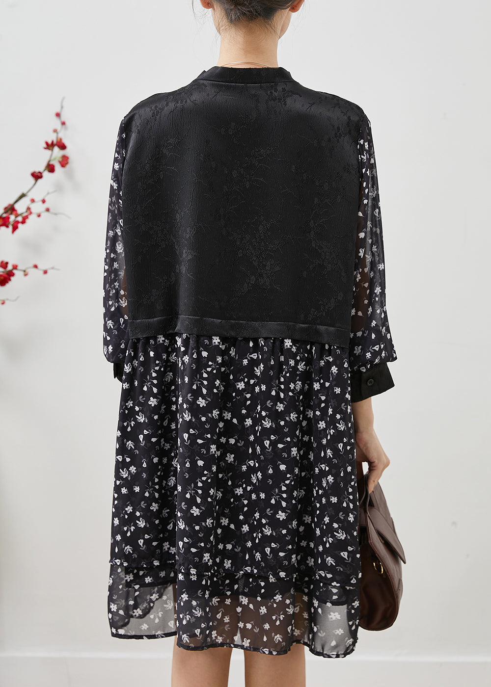 Fine Black Print Patchwork Chinese Button Chiffon Dress Summer