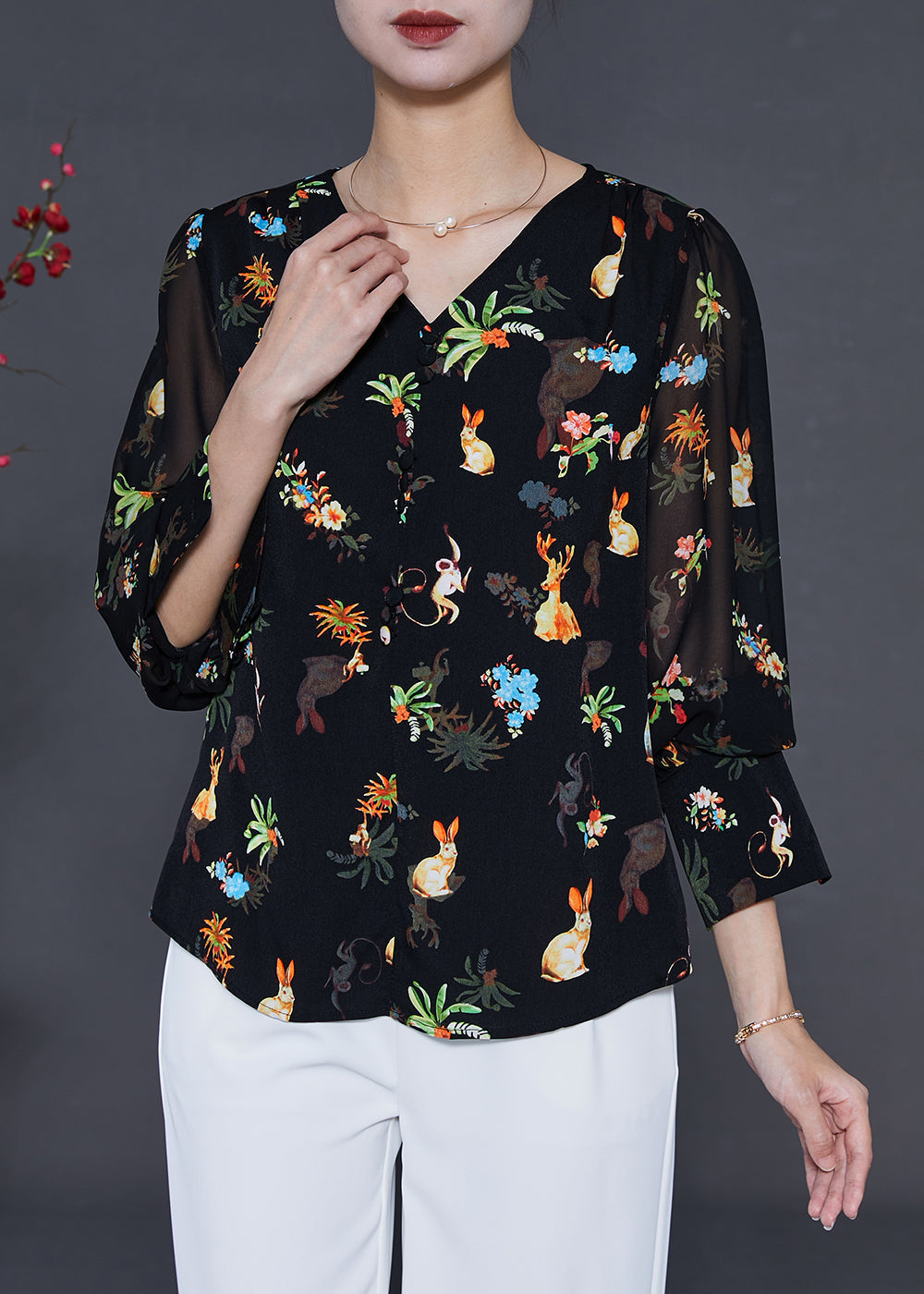 Fine Black V Neck Animal Print Chiffon Top Summer