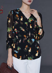 Fine Black V Neck Animal Print Chiffon Top Summer