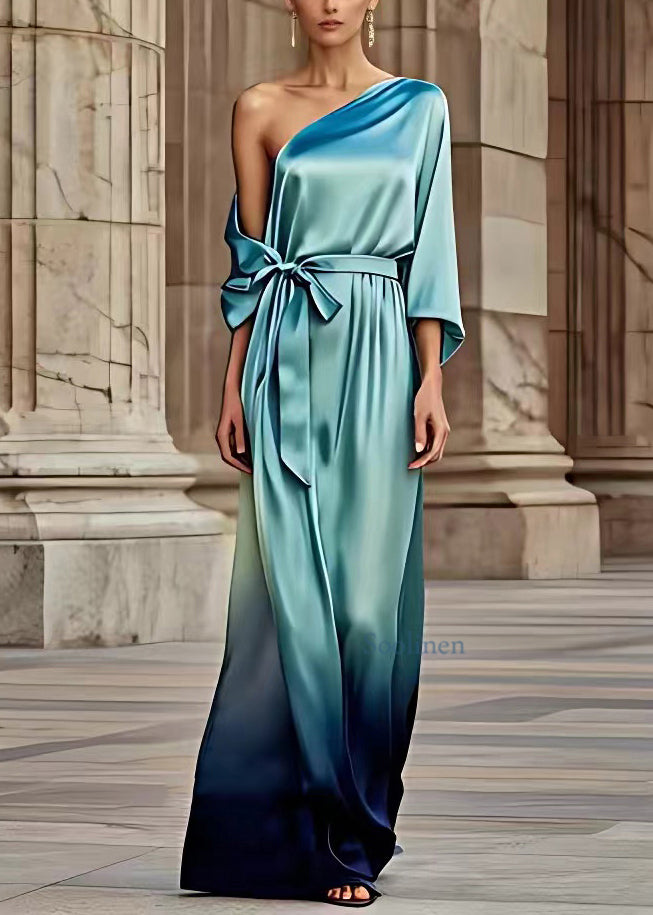 Fine Blue Asymmetrical Tie Waist Silk Holiday Maxi Dress Long Sleeve