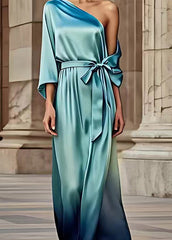 Fine Blue Asymmetrical Tie Waist Silk Holiday Maxi Dress Long Sleeve