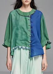 Fine Green Asymmetrical Patchwork Button Top Half Sleeve