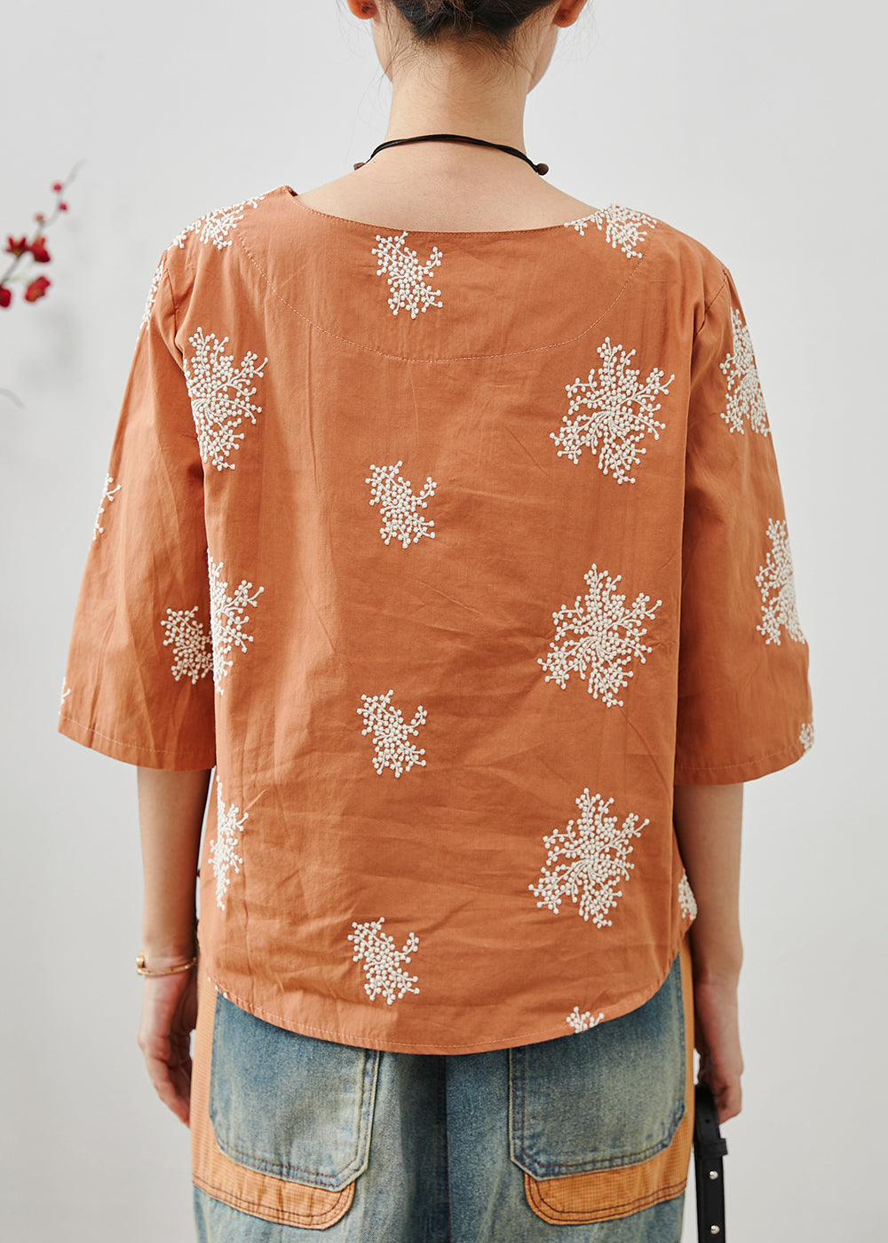 Fine Orange Embroidered Cotton Top Half Sleeve