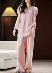 Fine Pink O-Neck Top And Wide Leg Pants Silk Linen Two Pieces Set Summer