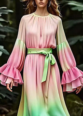 Fine Pink Wrinkled Tie Waist Silk Maxi Dresses Long Sleeve