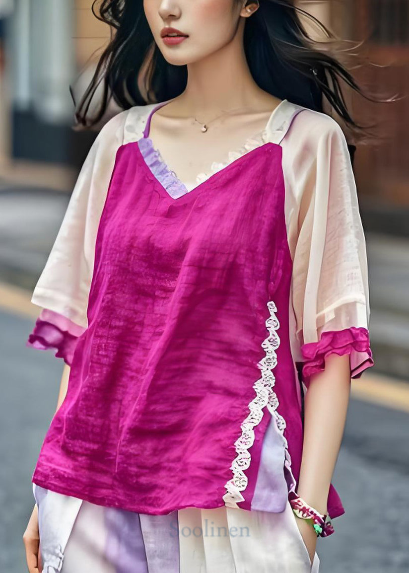 Fine Purple V Neck Lace Patchwork Cotton Top Summer