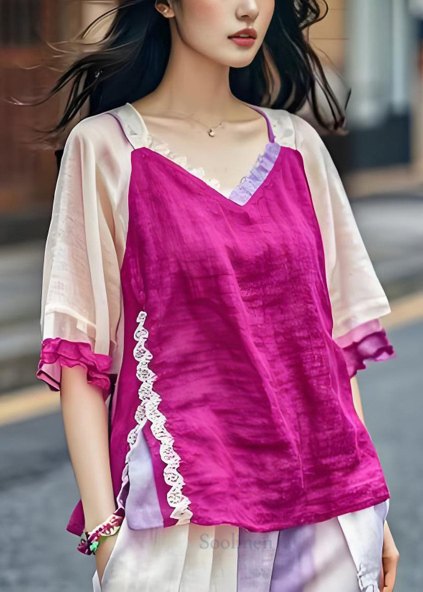 Fine Purple V Neck Lace Patchwork Cotton Top Summer