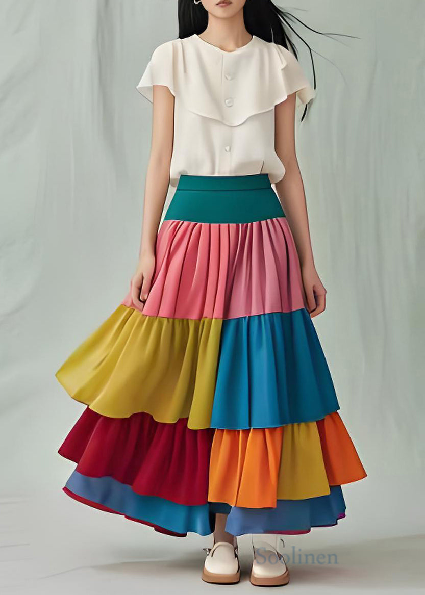 Fine Rainbow Layered Ruffles Patchwork Chiffon Skirts Summer