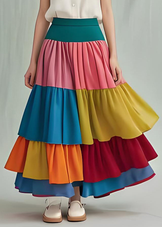 Fine Rainbow Layered Ruffles Patchwork Chiffon Skirts Summer