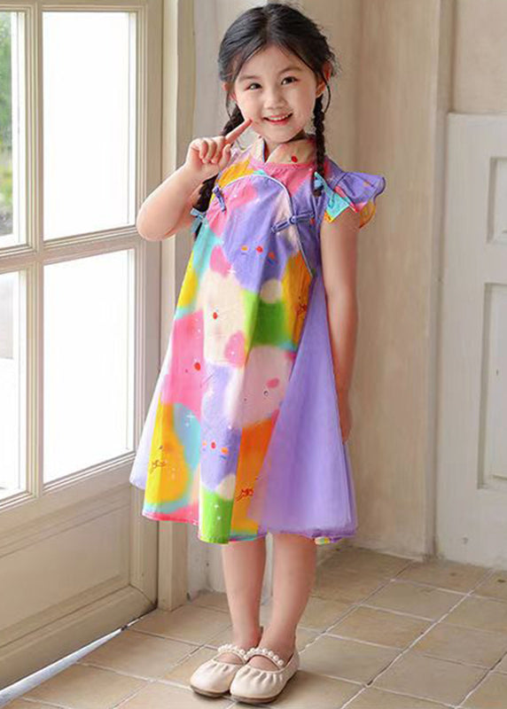 Fine Rainbow Stand Collar Print Button Girls Long Dress Sleeveless