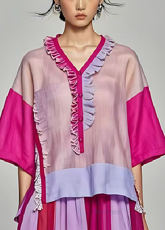 Fine Rose Ruffled Patchwork Cotton Shirt Tops Summer