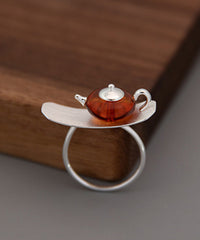 Fine Silk Sterling Silver Amber Teapot Rings