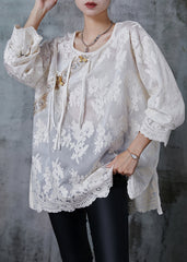 Fine White Embroidered Chinese Button Cotton Shirt Top Summer