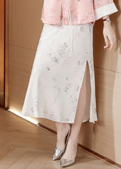 Fine White Print Side Open Silk Skirt Summer