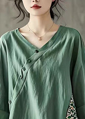 Fitted Tea Green V Neck Patchwork Button Top Summer