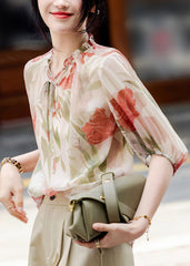 French Apricot V Neck Print Chiffon Top Summer