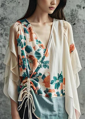 French Apricot V Neck Print Cinched Cotton Tops Summer