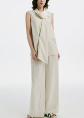 French Beige Silk Linen Top And Wide Leg Pants Two Pieces Set Sleeveless