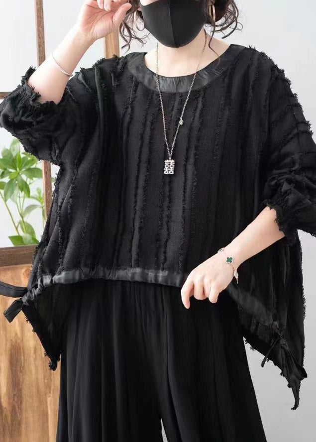 French Black Asymmetrical Lace Up Cotton Top Fall