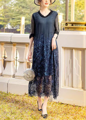 French Black Embroidered Hollow Out Silk Long Dress Summer